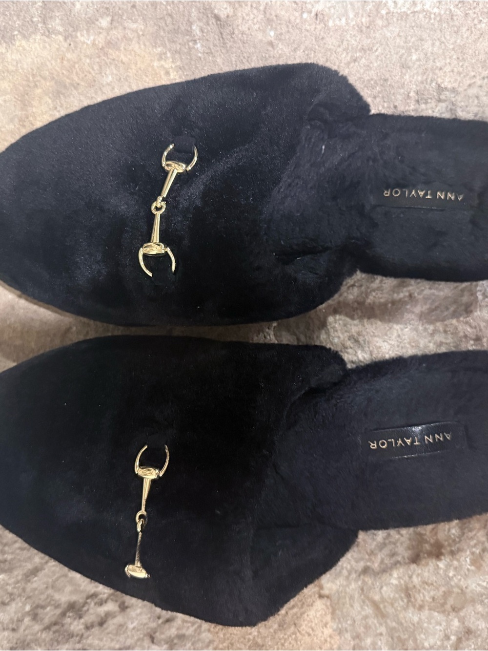 Ann Taylor Black Faux-Fur Mule with Gold Bit Accent